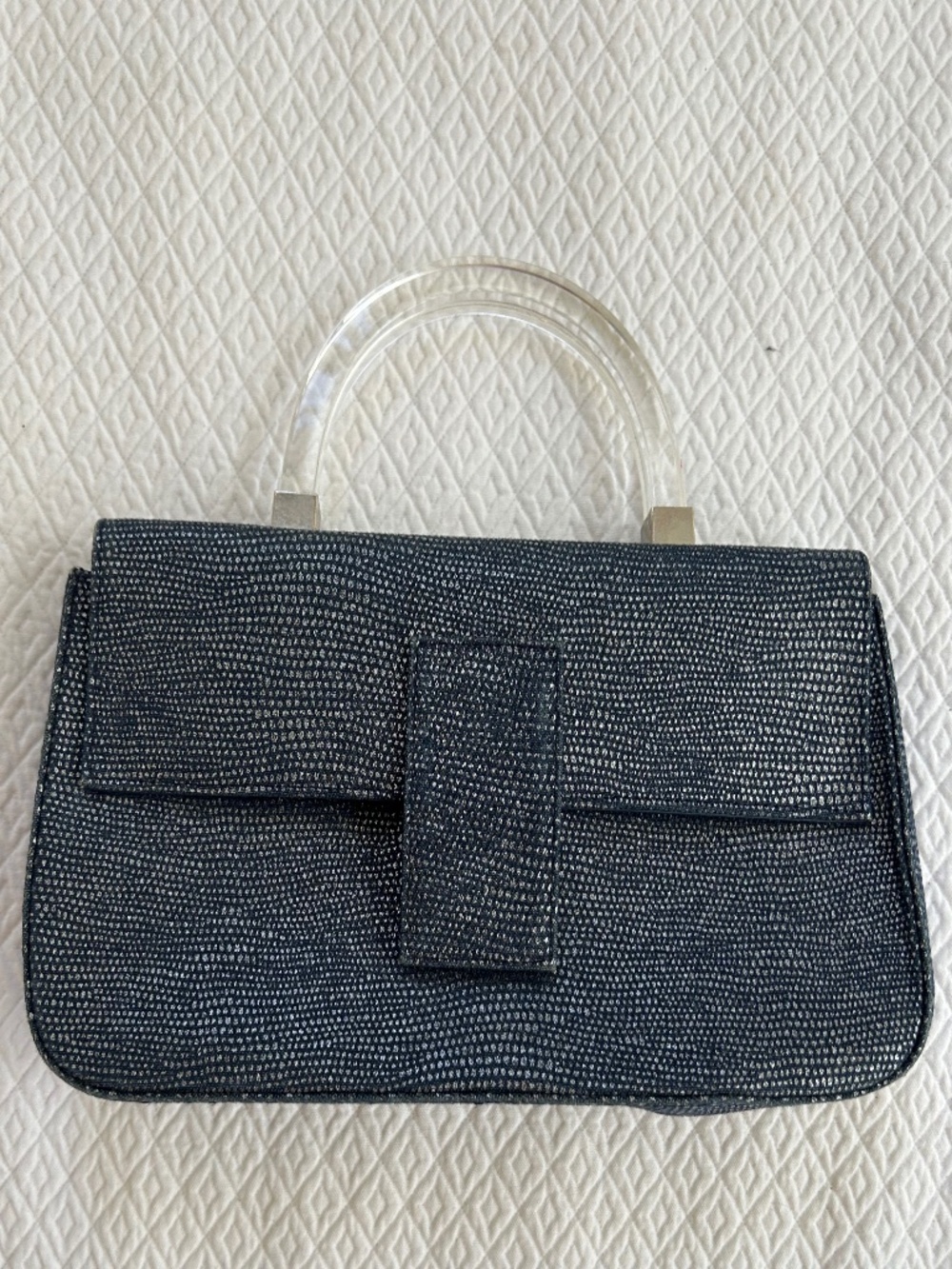 Stuart Weitzman Midnight blue shagreen embossed leather lucite top handle bag